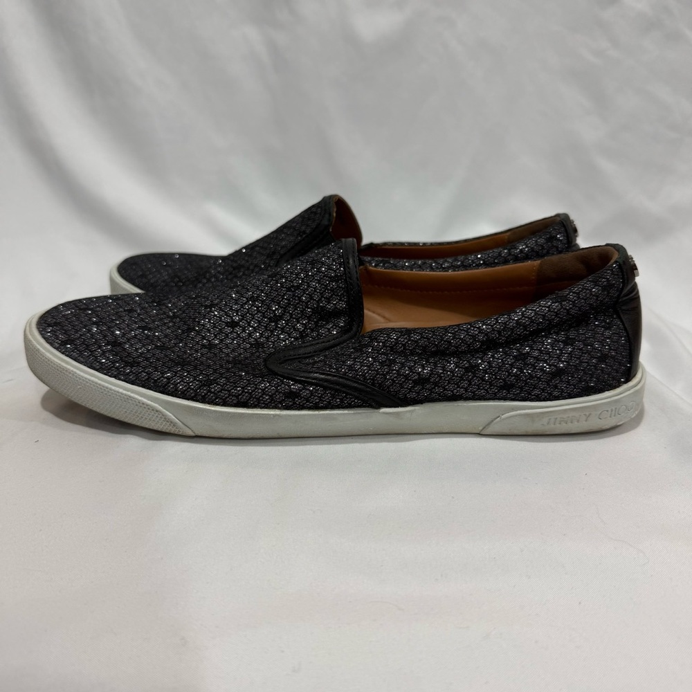 Jimmy Choo Glitter Black Slip On Sneakers 41 Luxury Casual Streetwear Statement - Picture 4 of 11